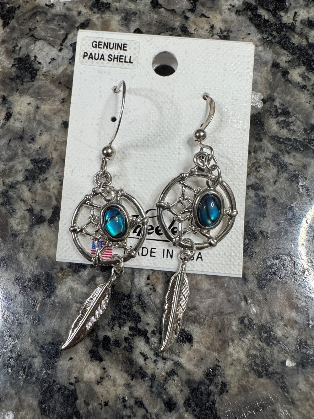 Iridescent Paua Shell Dreamcatcher Feather Earrings - Silver and Blue